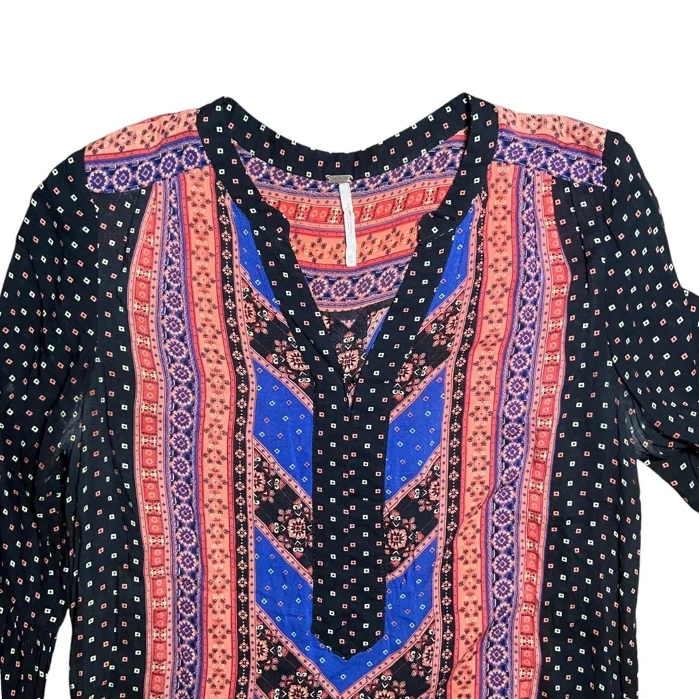Free People Boho Print Tunic Mini Dress Hi Low Long Sleeve Size XS